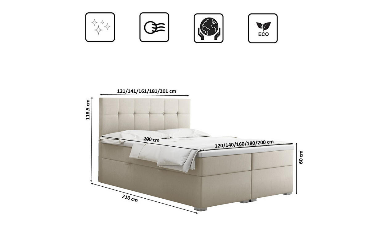 BOXBETT Mit Matratze Und Bettkasten LINDT Stoff Velvet 200x200 cm Ecru H2-Pocket - Ecru, Holz/Holzwerkstoff (200/200cm) - Kaiser Möbel