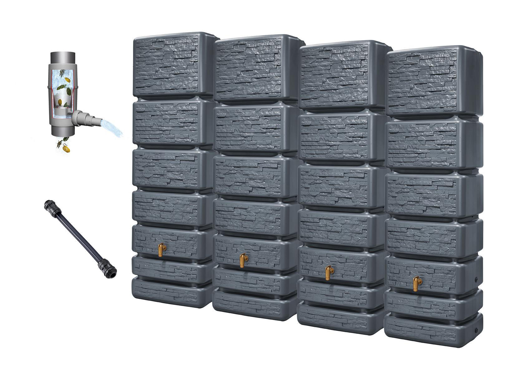 WANDTANK Komplett-Set 1400 L graphite grey 4 x 350 L inkl. Verbindungsset, Kunststoff-Auslaufhahn und Fallrohranschluss - Grau, Kunststoff (270/184/39cm) - 4rain