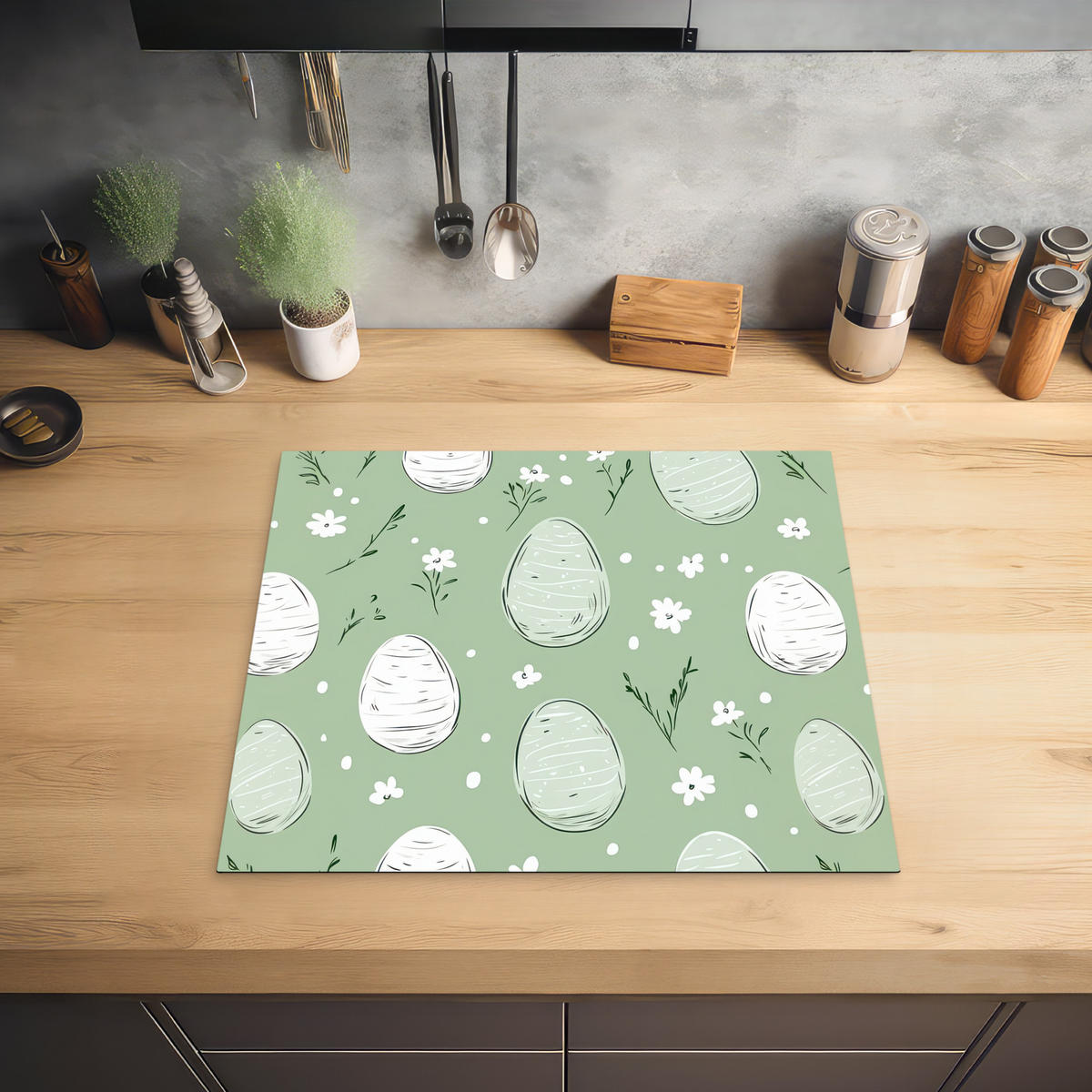 HERDABDECKPLATTE Grün - Eier - Muster Ceranfeldabdeckung 59x52 cm - Waldgrün, Kunststoff (59/52/0.2cm) - MuchoWow