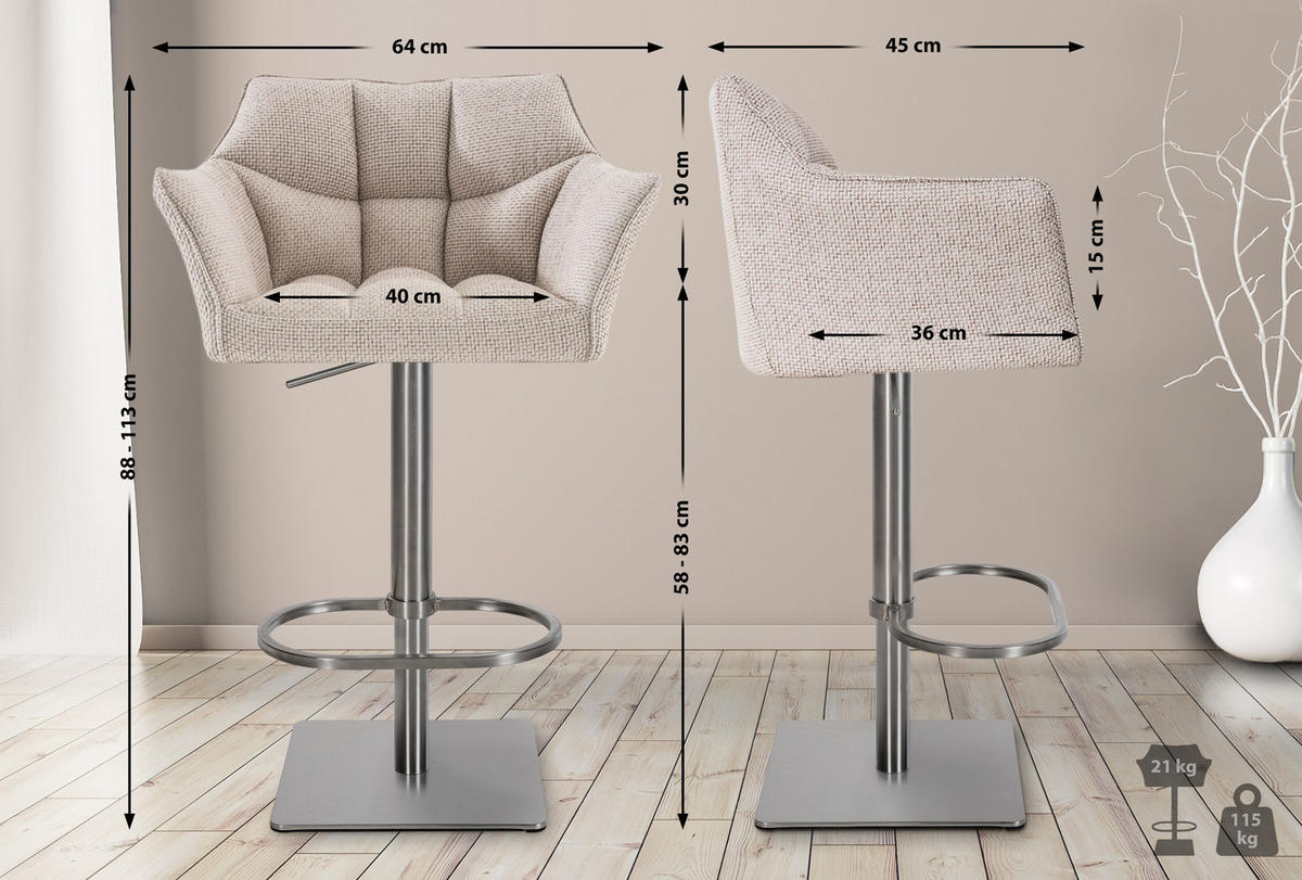 BARHOCKER 2er Set Damaskus Stoff edelstahl elfenbein - Edelstahlfarben/Naturfarben, Textil/Metall (64/110/48cm) - TPFLiving