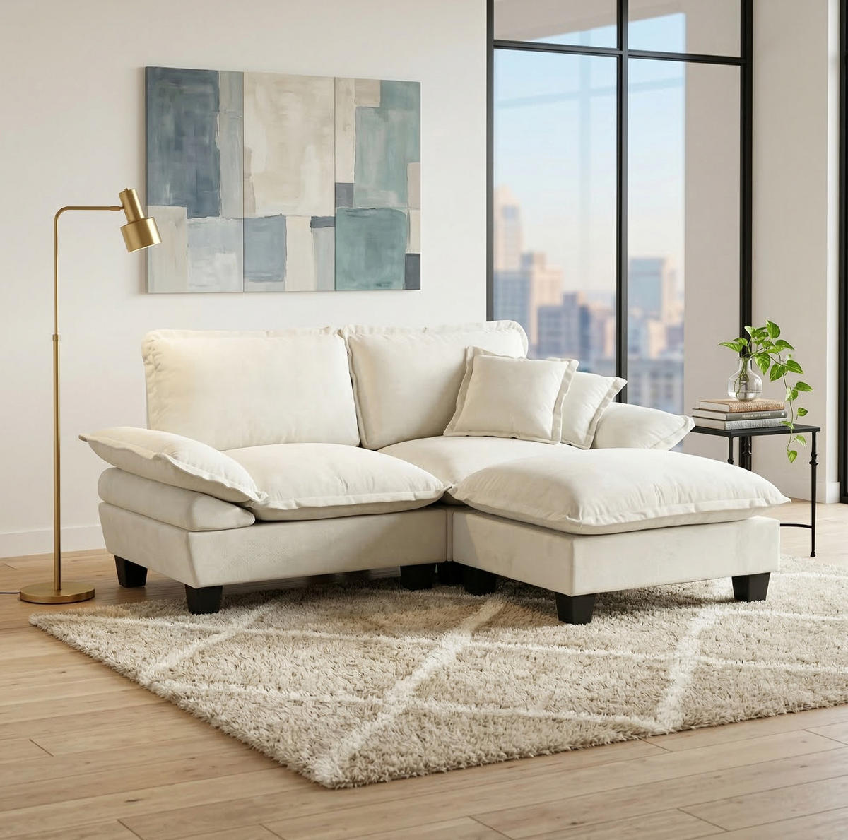 ECKSOFA 194/151/90 cm mit beweglicher Ottomane, Chenille-Bezug und 2 Kissen, Beige - Beige, Textil (194/151cm) - Redom