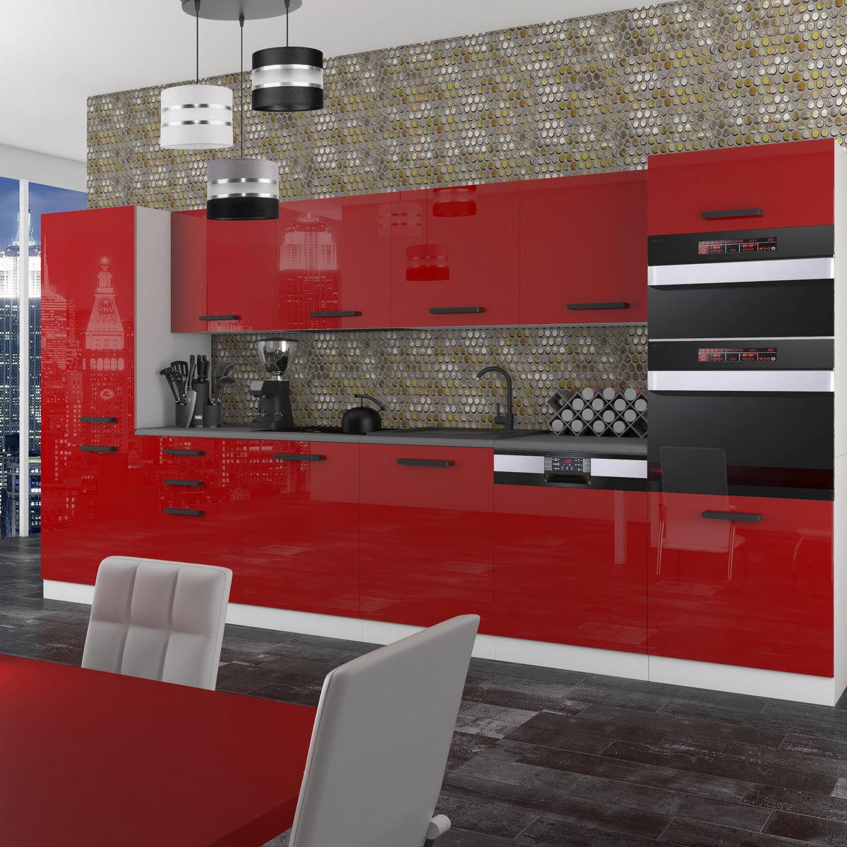 KÜCHENZEILE Naomi 360 cm, ohne Arbeitsplatten, Rot Hochglanz - Rot, Holz (360/204/60cm) - B BELINI GROUP