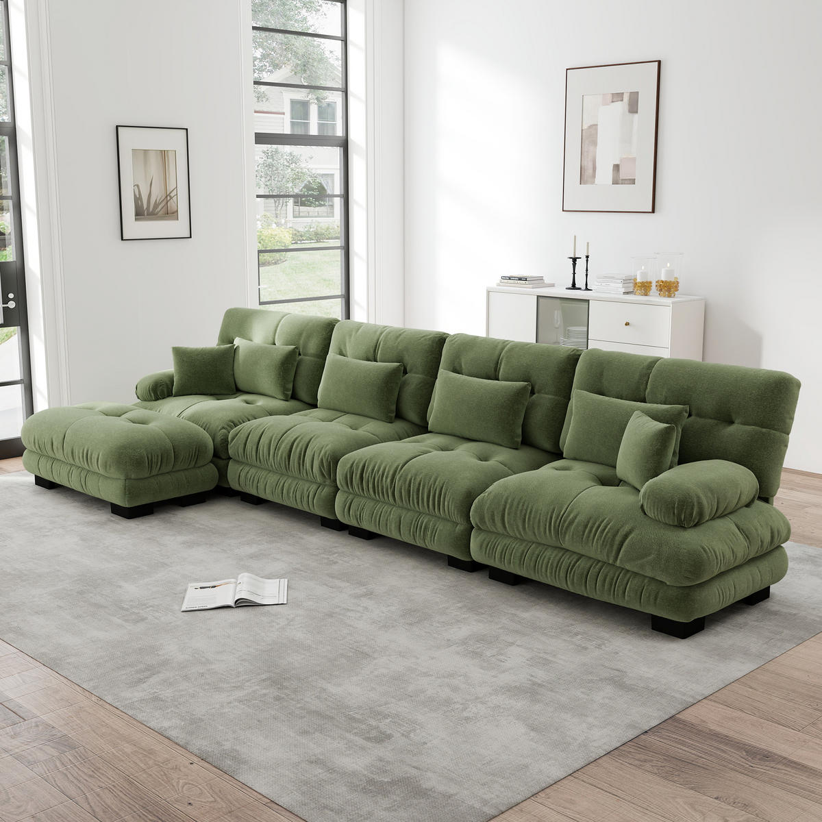 4-SITZER ECKSOFA Chenille Grün mit Ottomane - Grün, Textil (406/145cm) - WISHDOR