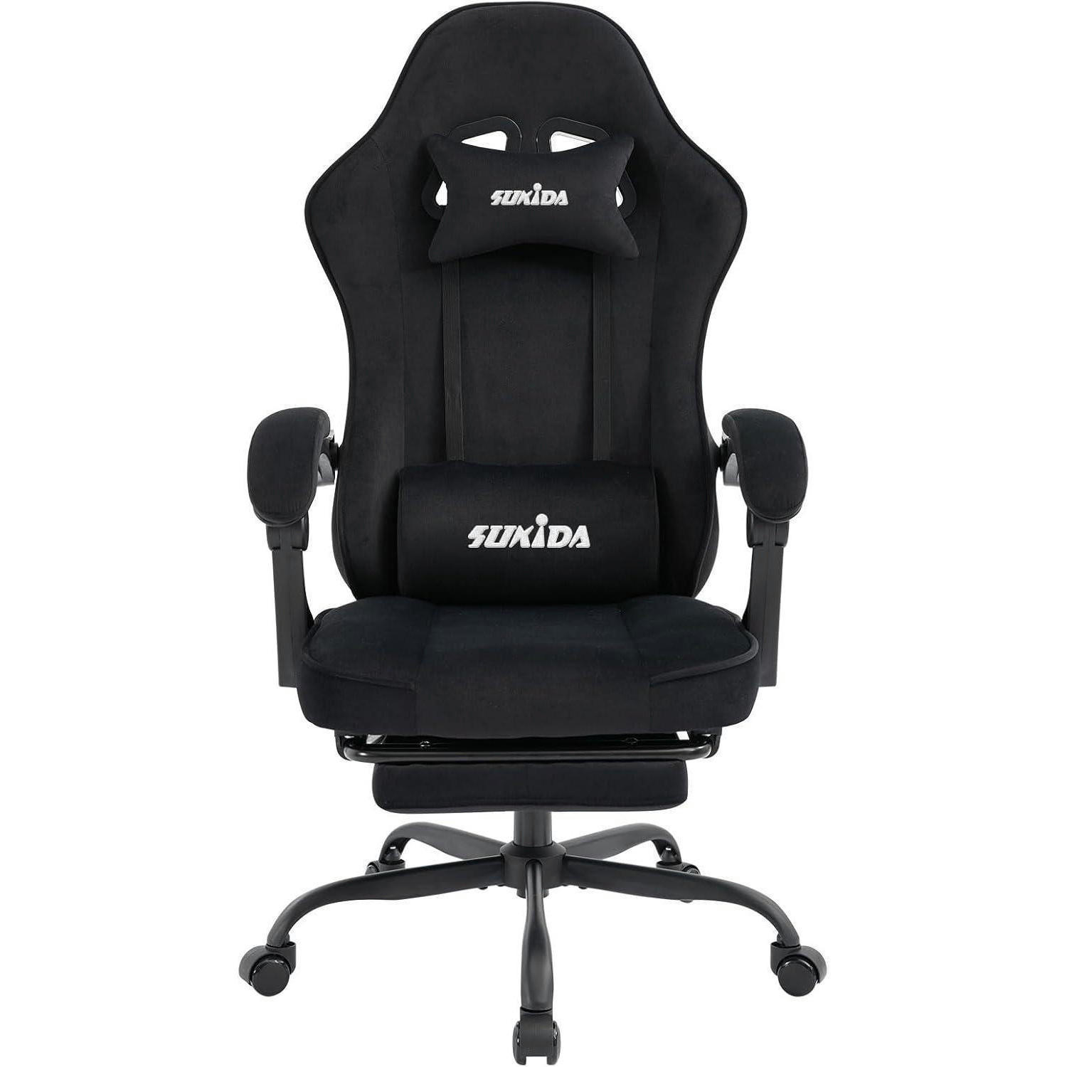 GAMING Stuhl Stoff mit Fußstütze und Lordosenstütze, schwarz - Schwarz, Textil (57/45/52cm)