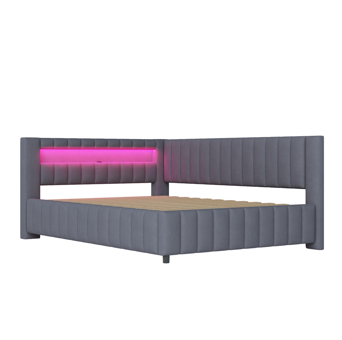 POLSTERBETT 140/200 cm grau aus Samtstoff mit LED-Licht und USB-Anschluss - Grau, Textil (140/200cm) - OKMYHOME