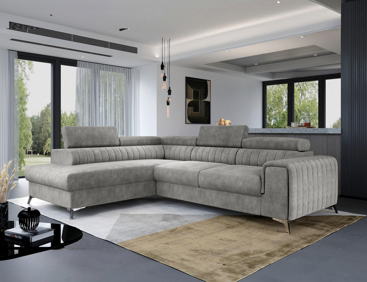 ECKSOFA Laurence mit Schlaffunktion & Bettkasten – 278 x 205 cm, verstellbare Kopfstützen - Grau, Kunststoff (278/205cm) - Wohnideebilder
