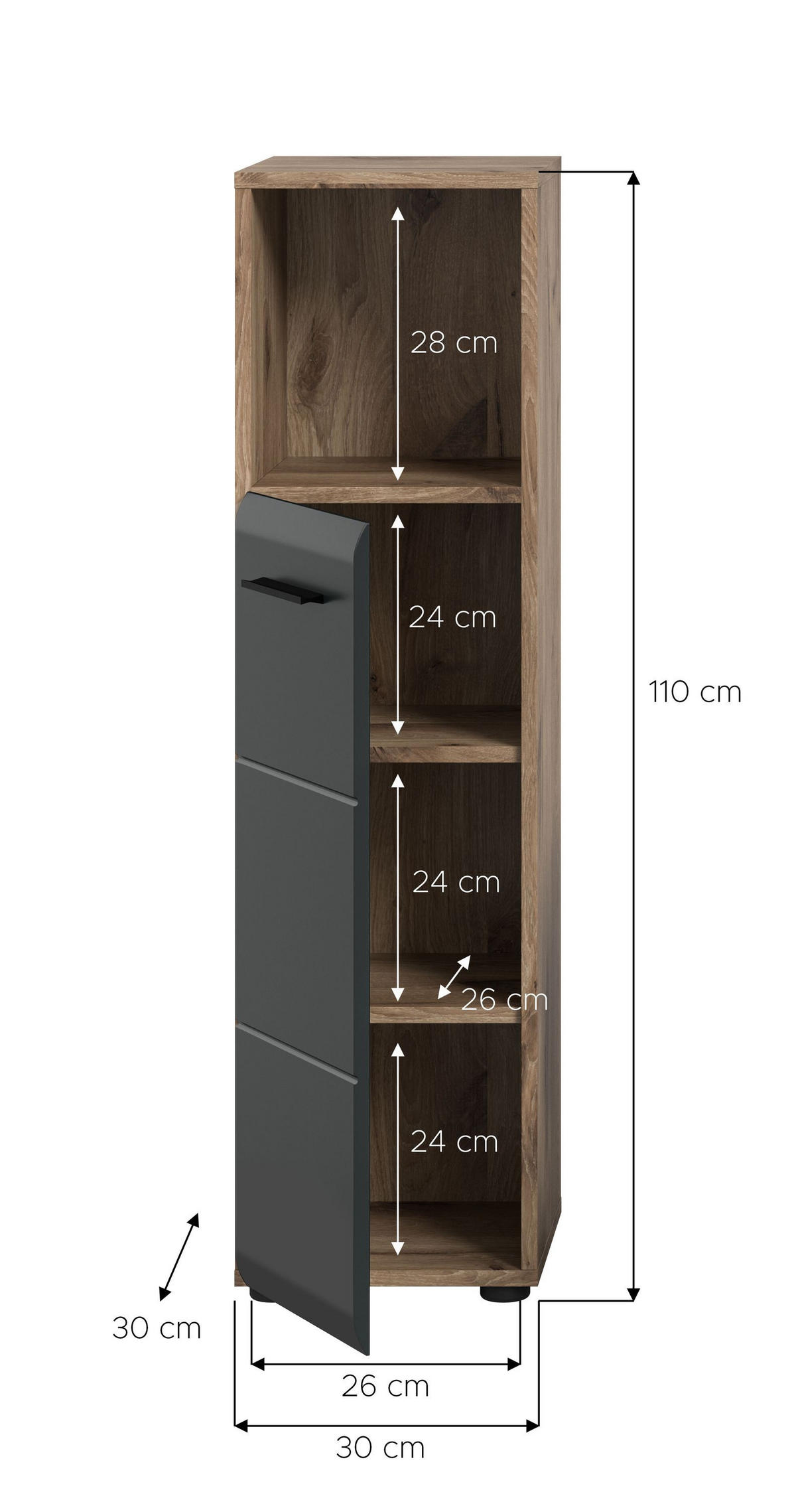 STANDSCHRANK hoch ICE (B/H/T: ca. 30/110/30 cm) in Nox Oak Nachbildung/schwarz matt - Eichefarben, Holz (30/110/30cm)