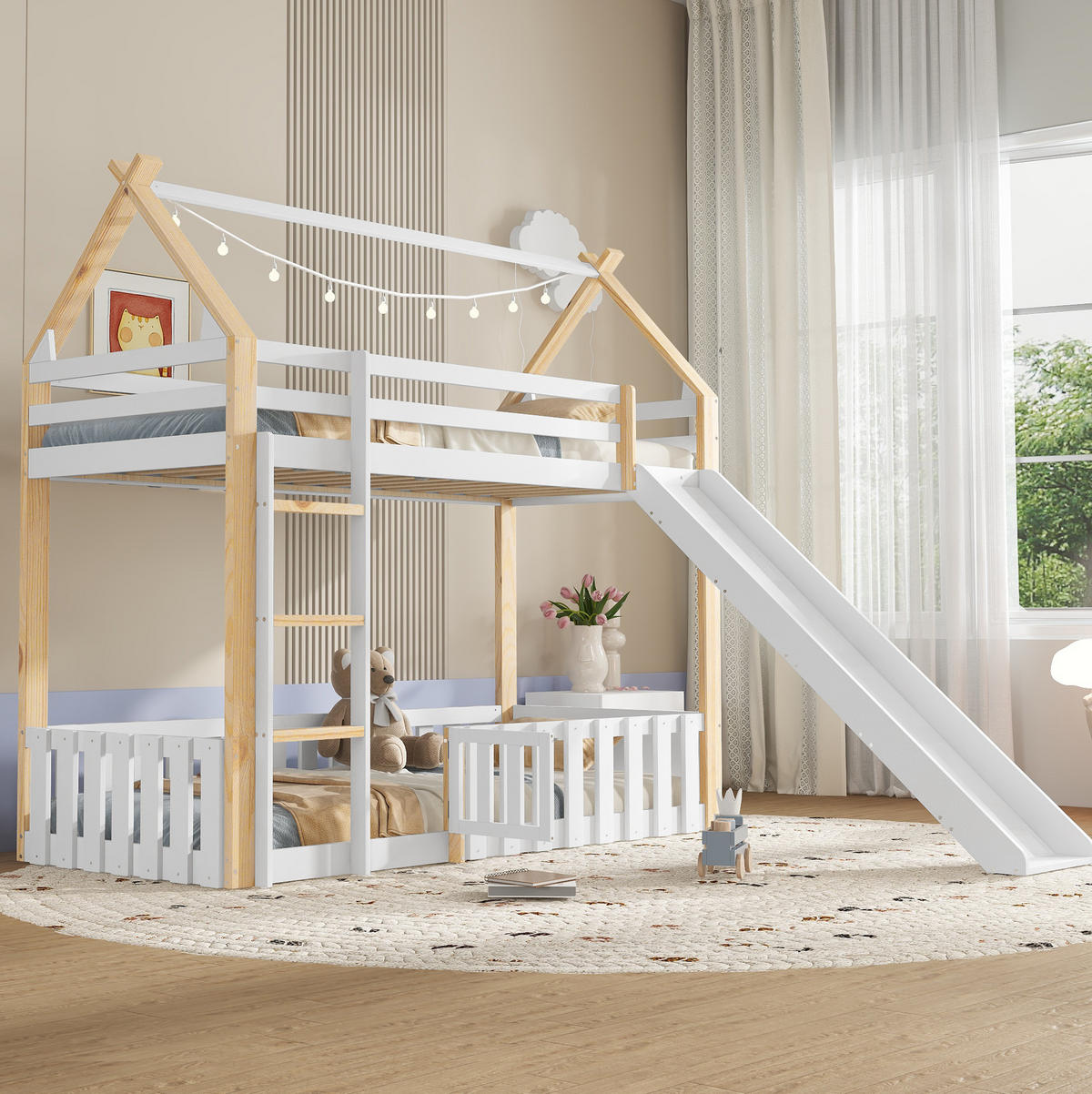 ETAGENBETT 90/200 cm aus Kiefer, MDF und Sperrholz mit Rutsche, Weiß/Natur - Naturfarben, Holz (90/200cm) - OKMYHOME