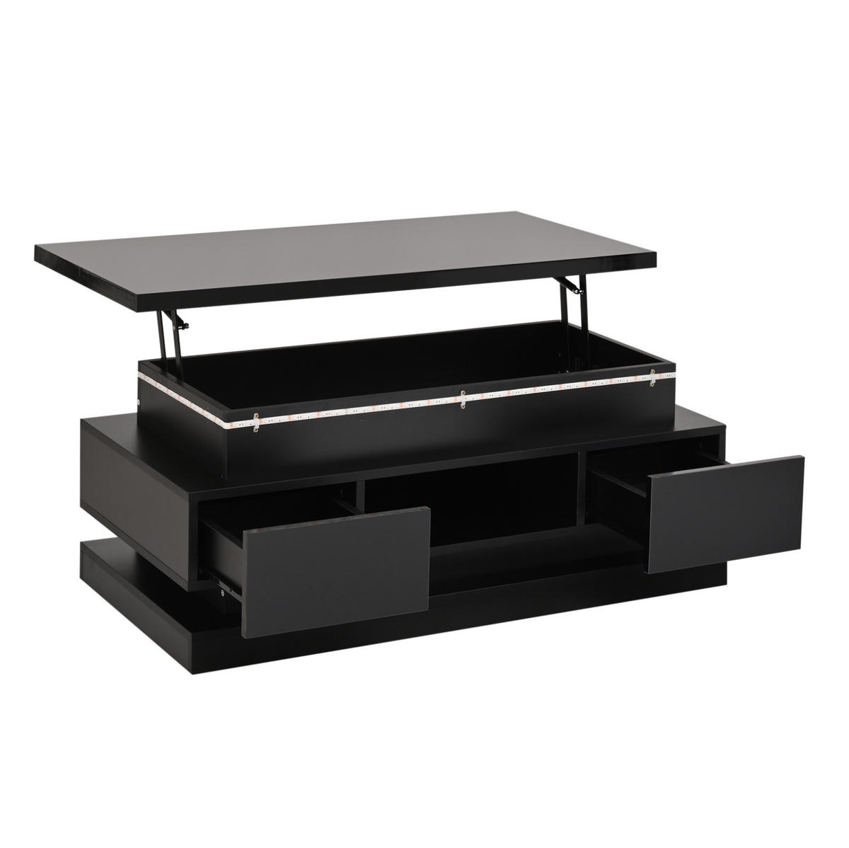 COUCHTISCH 100/50/40 cm höhenverstellbar mit LED-Beleuchtung, USB-Anschluss und 2 Schubladen, Schwarz - Schwarz, Holzwerkstoff (100/50/40cm) - Redom