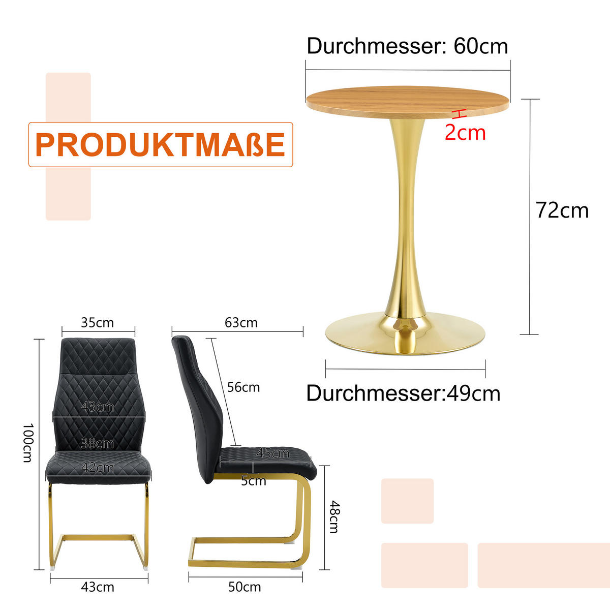ESSGRUPPE DE-39417 3-teilig, mit 2 Stühlen und Rautenmuster Schwarz - Schwarz, Metall (60/72/60cm) - ComfortXL