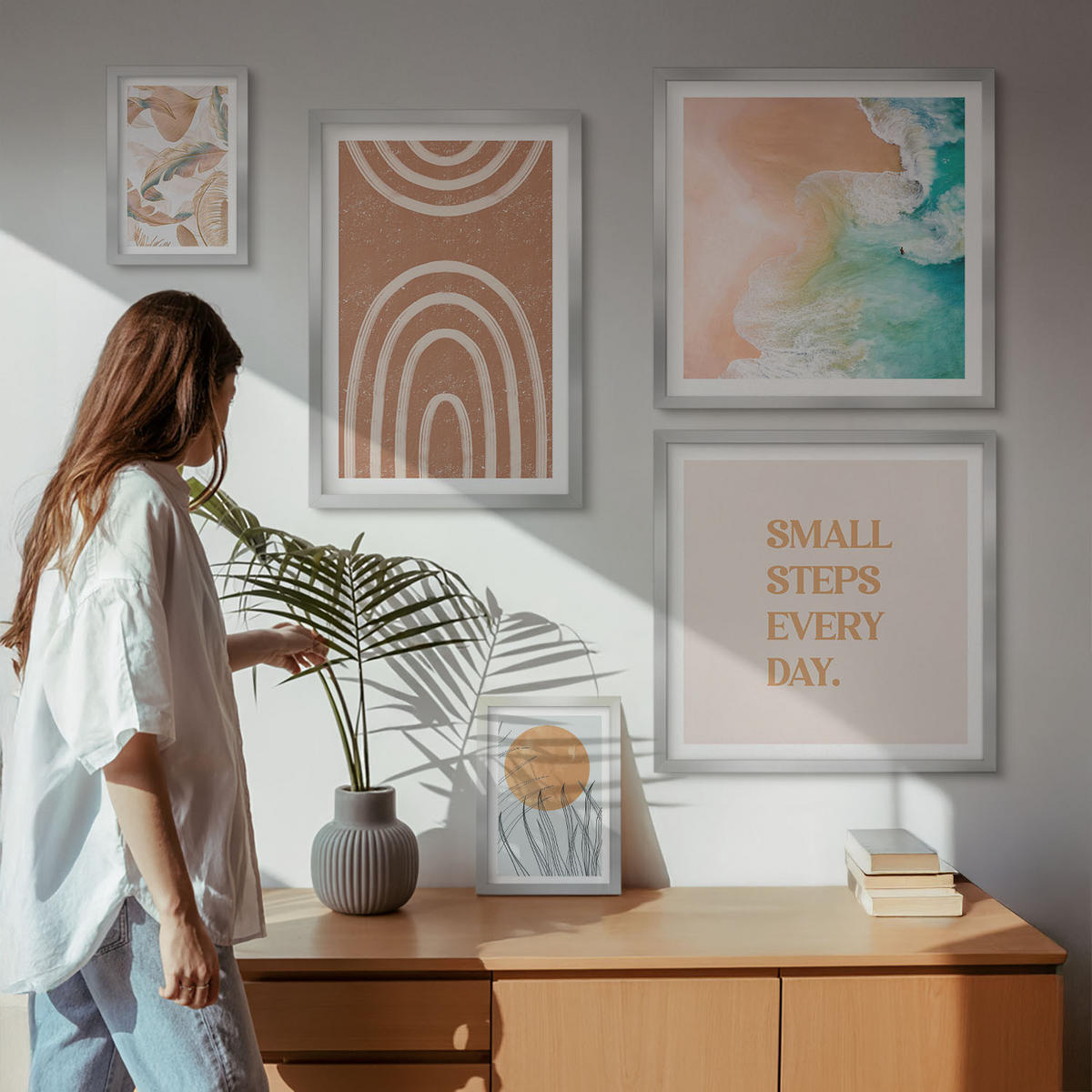 BILDER SET 5er Set - 50x50 cm & 20x30 cm & 40x60 cm Silberner Rahmen - Familie liebt Zuhause Aquarell - Silberfarben, Kunststoff (40/60cm) - TULUP