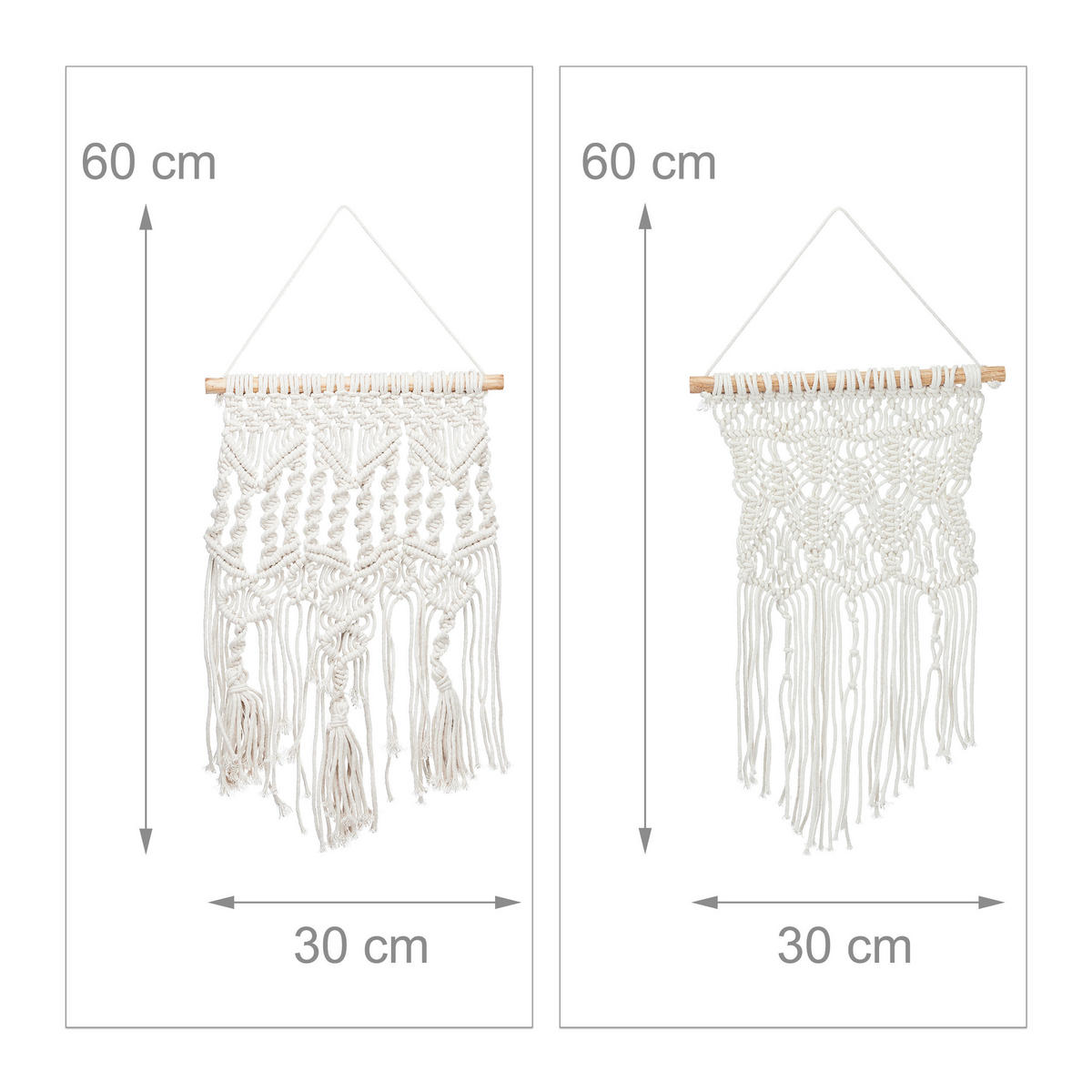 2-DIELNY makramé záves na stenu - krémová, drevo/textil (30/1.5cm) - Relaxdays