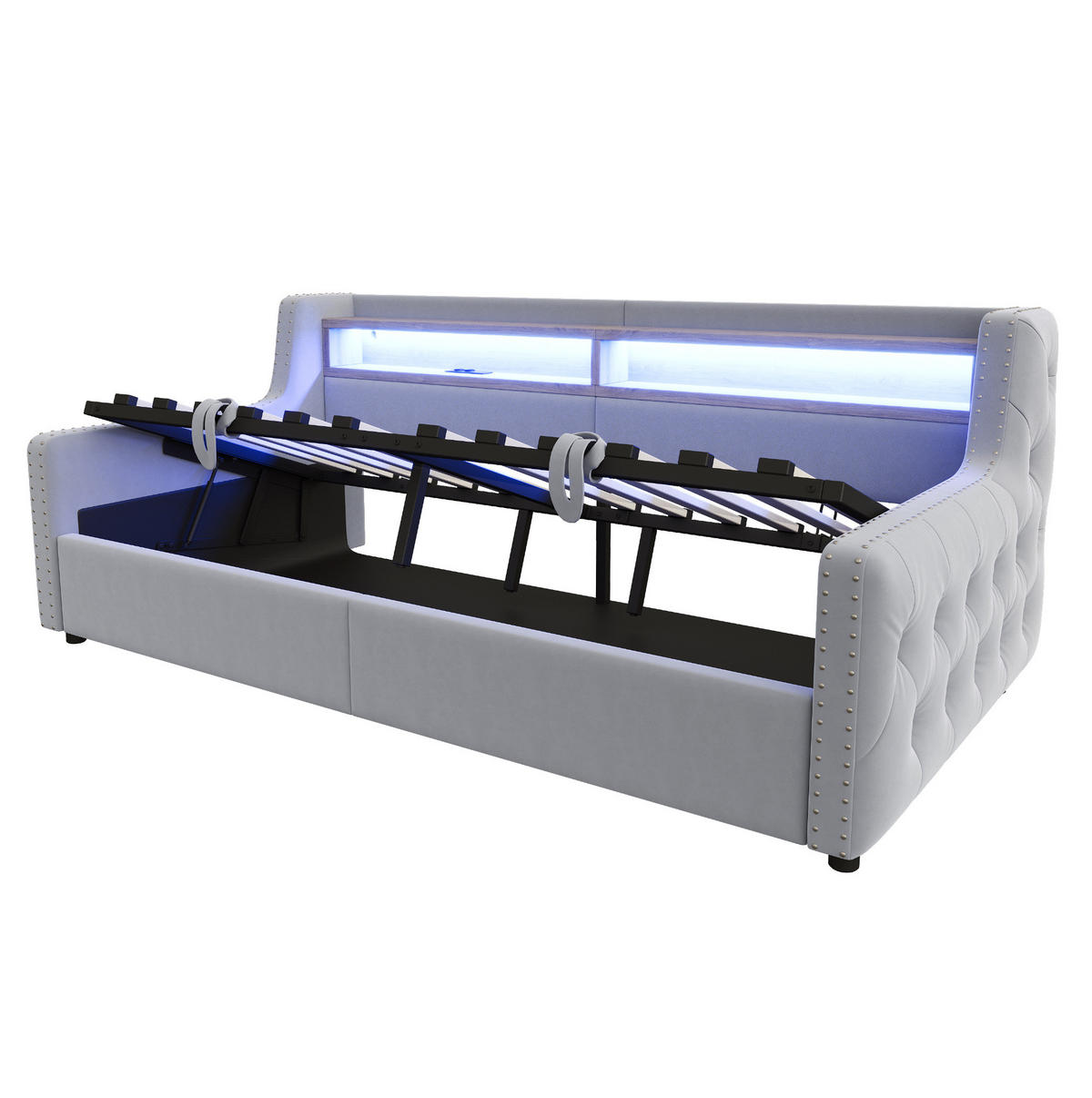 POLSTERBETT 90/200 cm aus Samt mit LED-Beleuchtung, Stauraum, USB- und Typ-C-Anschluss, Hellgrau - Hellgrau, Textil (90/200cm) - Redom