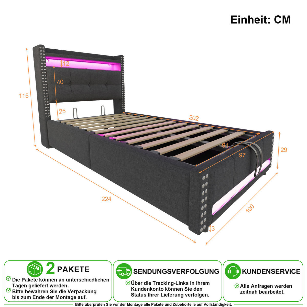 POLSTERBETT 90/200 cm in Grau mit Stauraum, LED und USB Leinenstoff - Grau, Holzwerkstoff/Textil (90/200cm) - CHICFURN