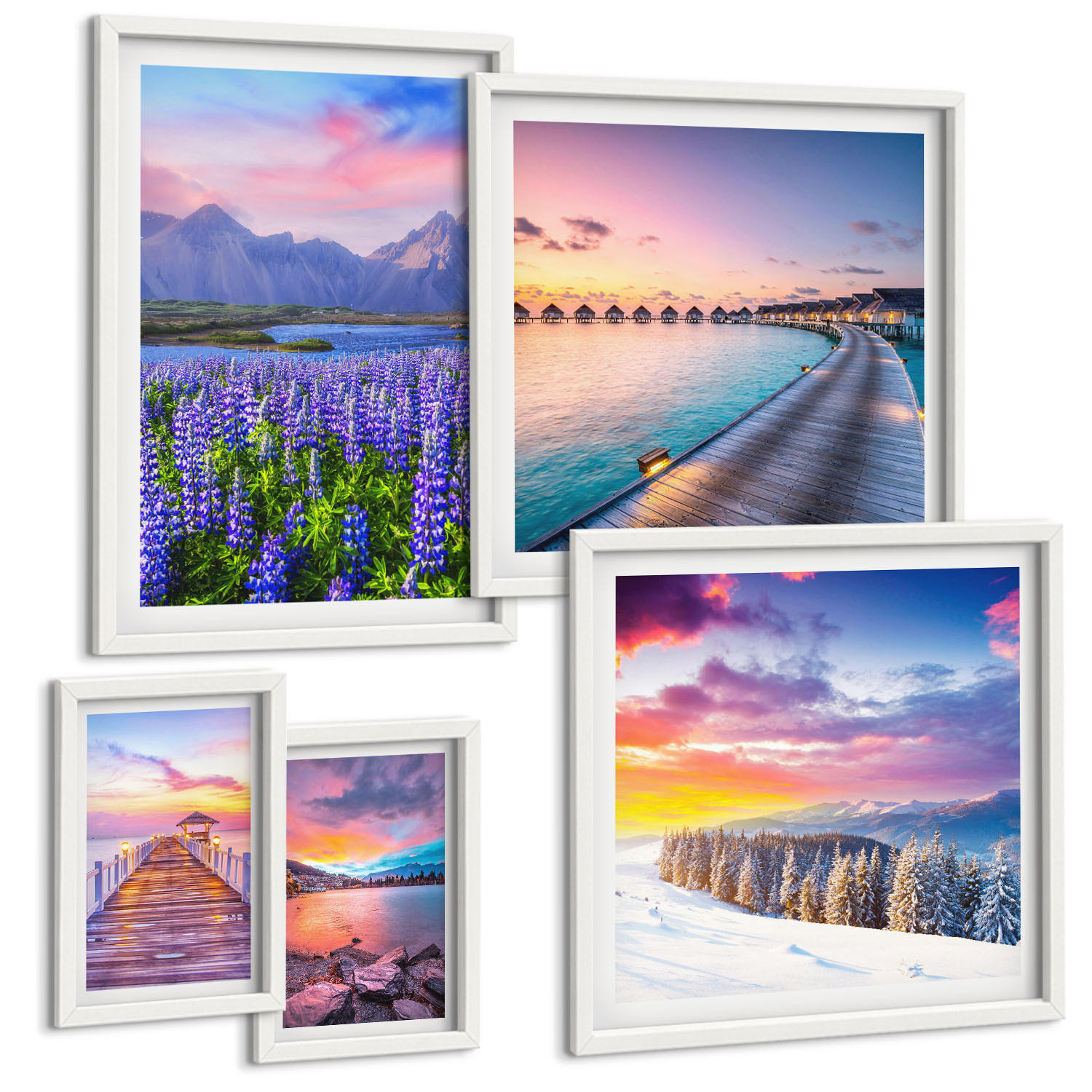 BILDER SET 5er Set - 50x50 cm & 20x30 cm & 40x60 cm Weißer Rahmen - Winterlandschaft des Pierbergs - Weiß, Kunststoff (40/60cm) - TULUP