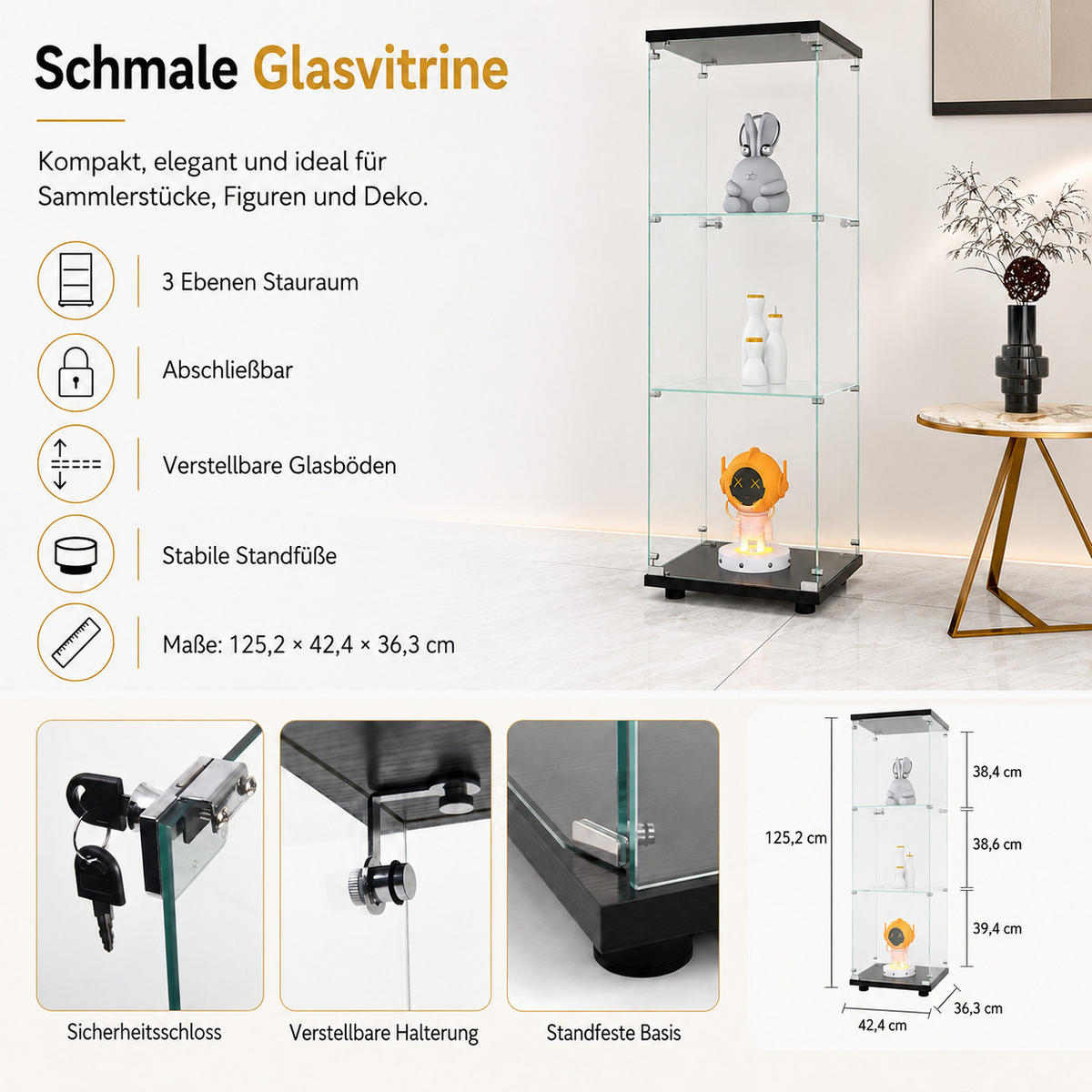 VITRINE transparent, 3-stufig, Schwarzrahmen Rahmen, staubdichte Glaswände ohne LED - Schwarz, Glas (42.4/125.2/36.3cm) - Joyfair