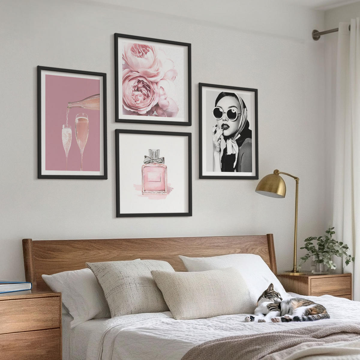 BILDER SET 4er Set - 50x50 cm & 40x60 cm Schwarzer Rahmen - Stilvolle pinkfarbene Accessoires - Schwarz, Kunststoff (50/50cm) - TULUP