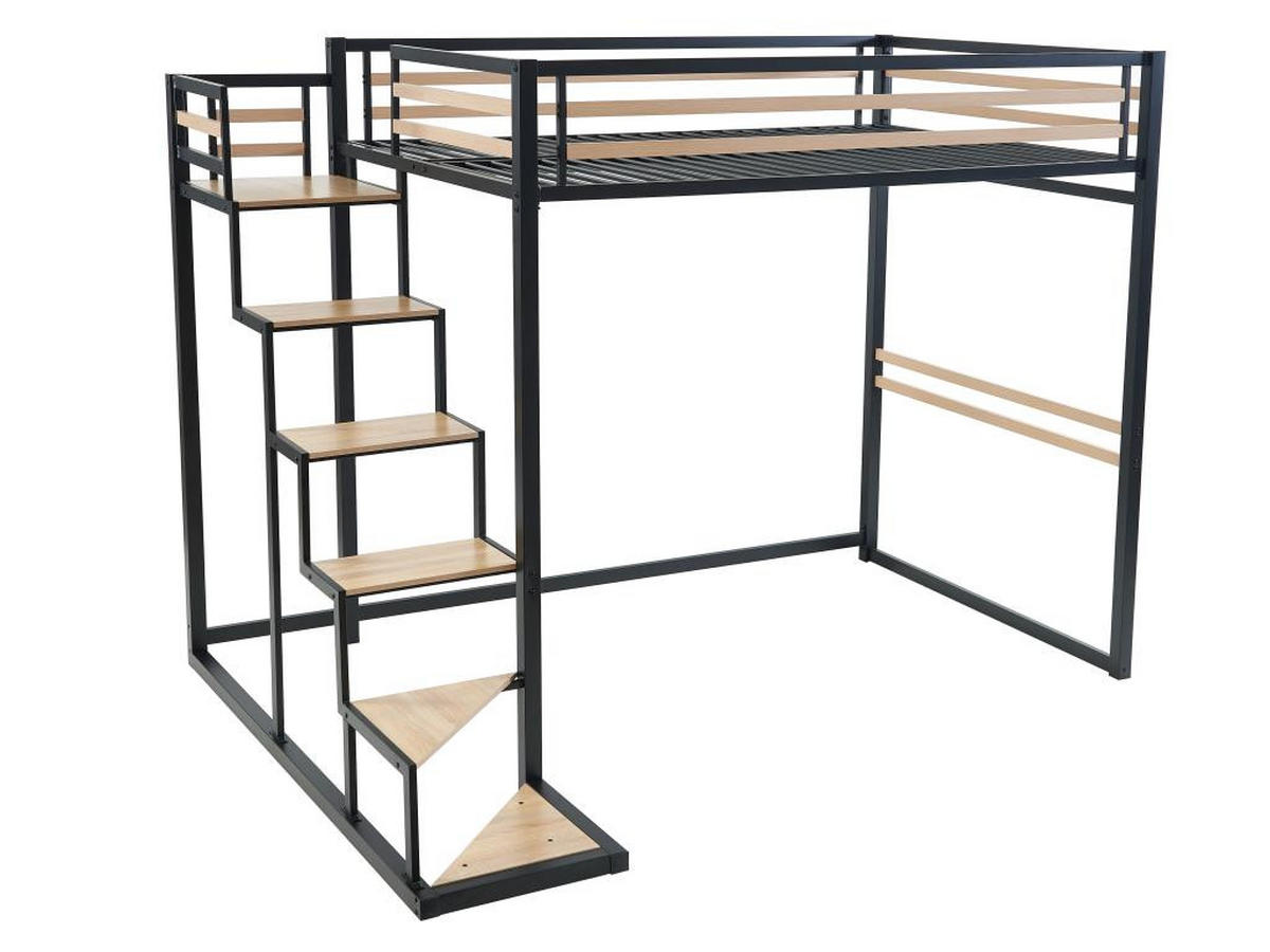 HOCHBETT mit Matratze - 140 x 200 cm - Metall & MDF - Naturfarben & Schwarz - JOGUI - Schwarz/Naturfarben, Metall - Vente-Unique