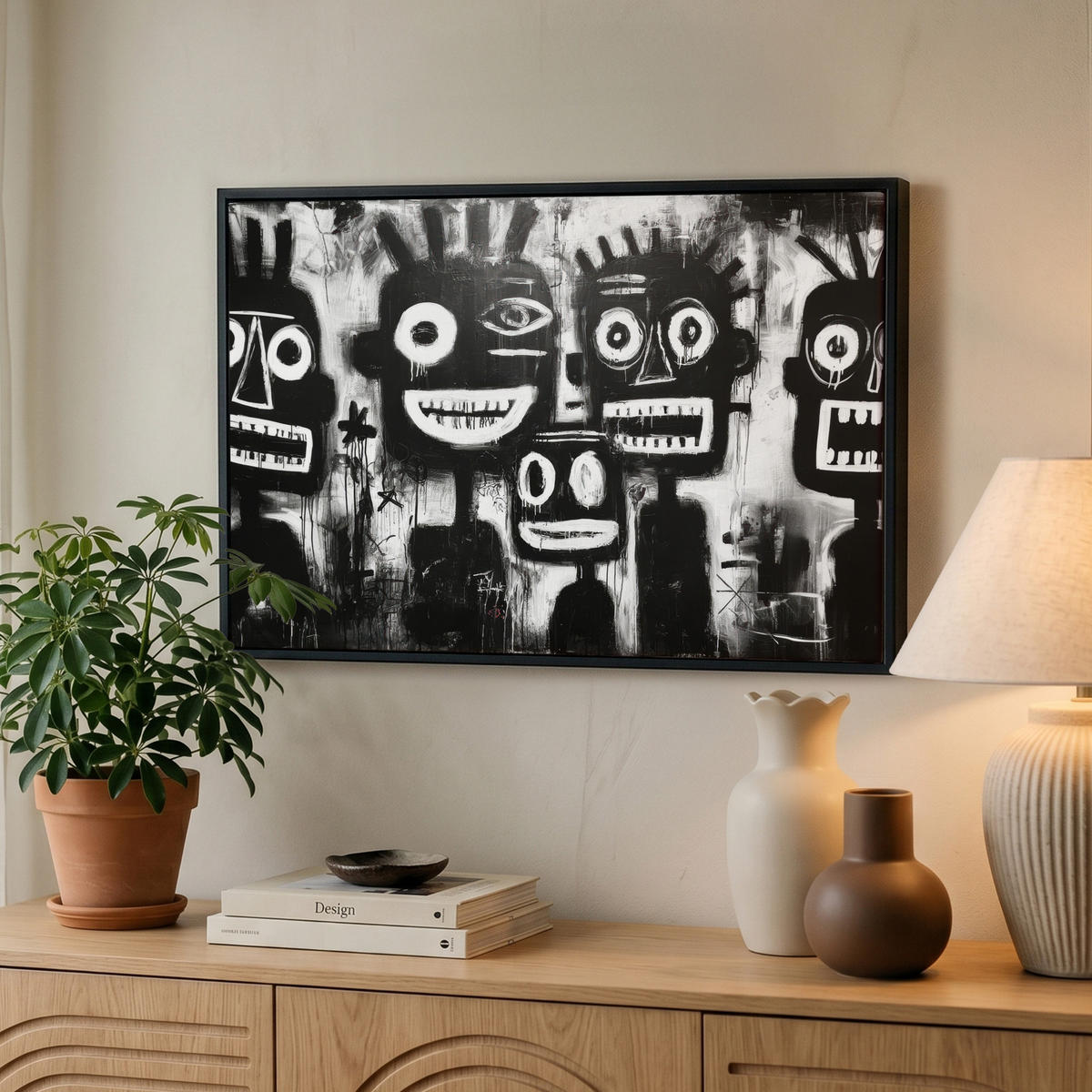 LEINWAND Bilder mit Rahmen - Malerei - Figuren - Schwarz - Abstrakt - 60x40 - Schwarz, Textil (60/40cm) - MuchoWow