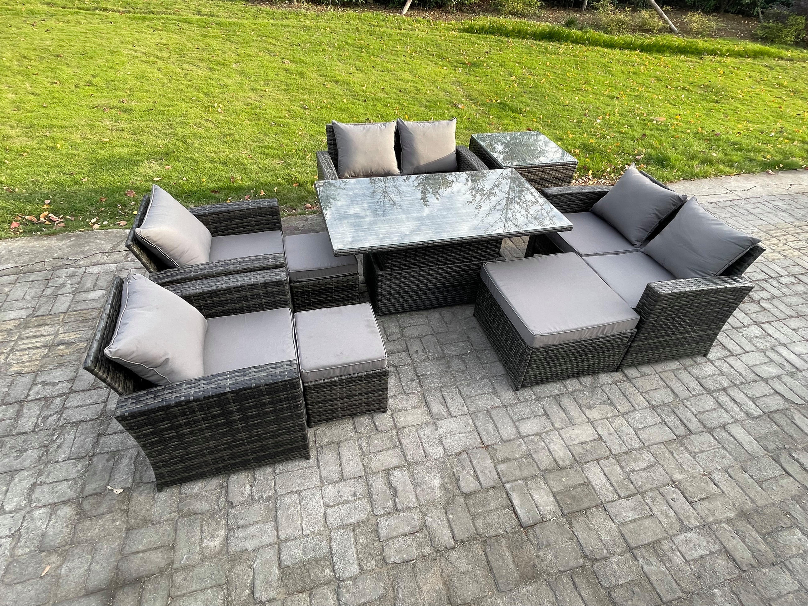 GARTENMÖBEL SET mit höhenverstellbarer Tisch Polyrattan Dunkelgrau 9-Sitzer - Dunkelgrau, Metall - Fimous