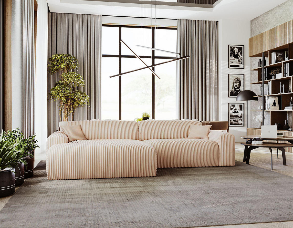 ECKSOFA mit Longchair - Cord - Hellbraun/Schwarz, Kunststoff/Textil (284/178cm) - home24