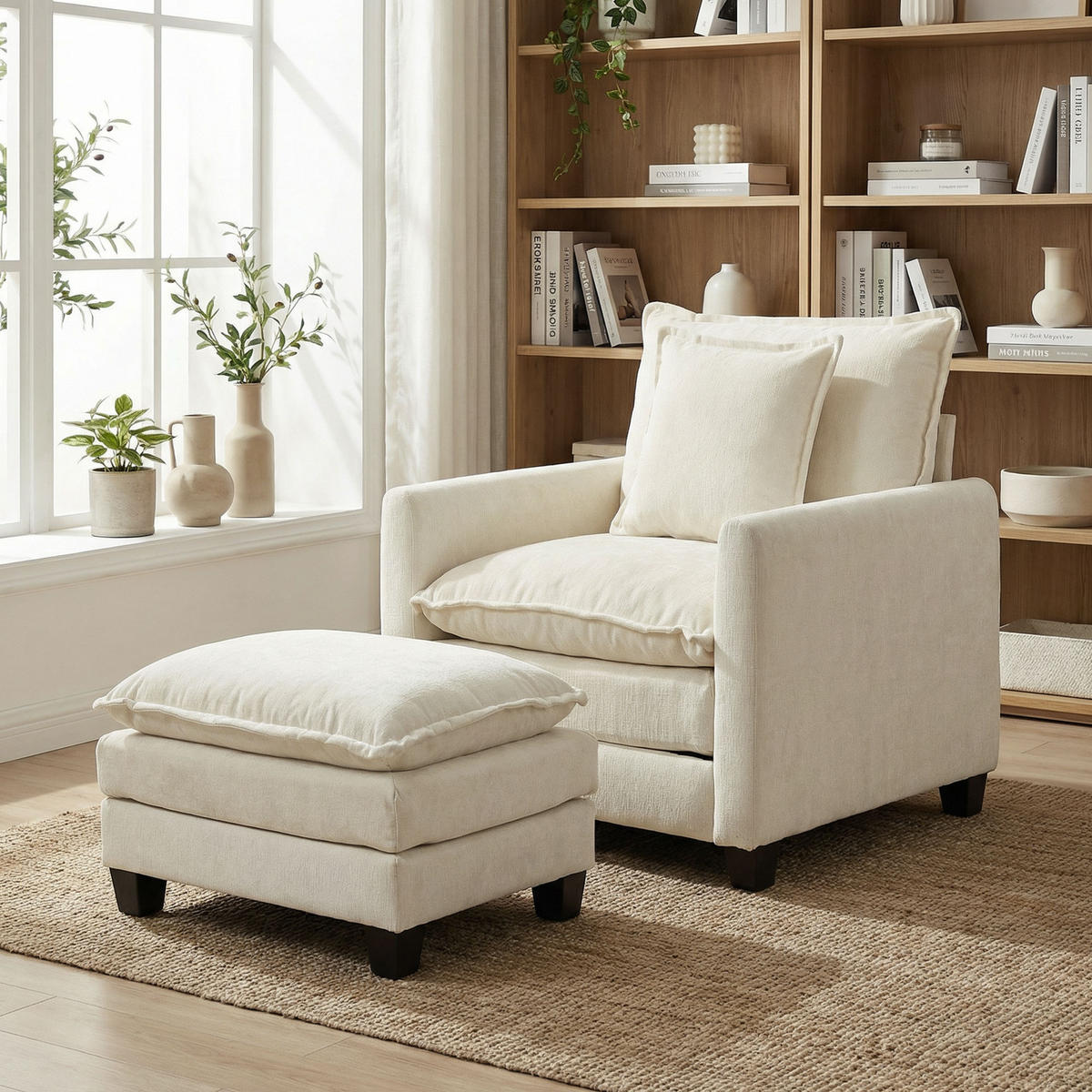 SESSEL DE-13505 mit Fußhocker, breite Sitzfläche, Chenille Creme - Creme, Textil (85/86/128cm) - ComfortXL