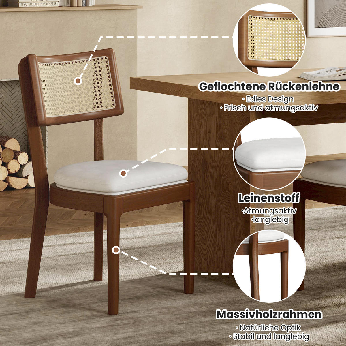 ESSZIMMERSTUHL 6er Set Massivholz Rattan Leinen Nussbaum - Walnussfarben, Holz (58/88/50cm) - FLIEKS