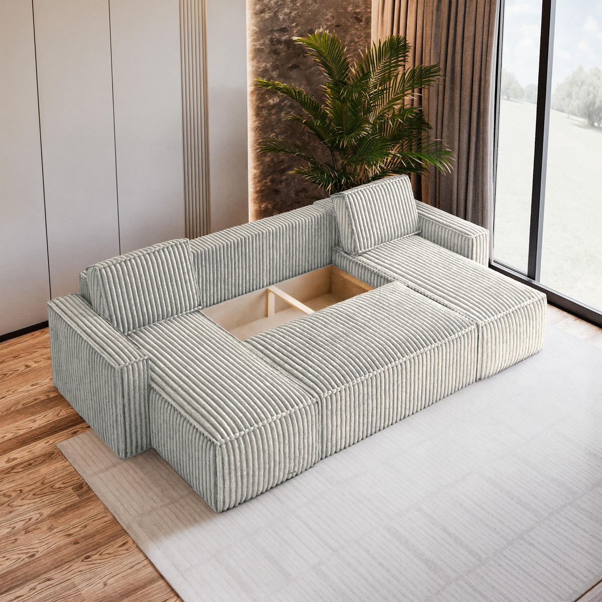 WOHNLANDSCHAFT PESANO T Hellgrau Kordstoff mit Schlaffunktion - Champagner, Holz (306/85/140cm) - MASSENO