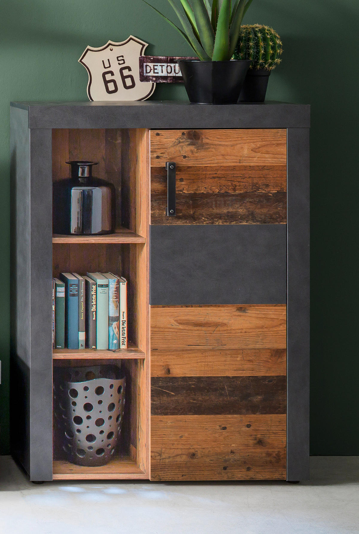 HIGHBOARD Used Wood Altholz Design mit Grau, Vitrine mit LED Beleuchtung - Silberfarben/Schwarz, Glas/Holzwerkstoff (87/118/34cm) - Top.Furn