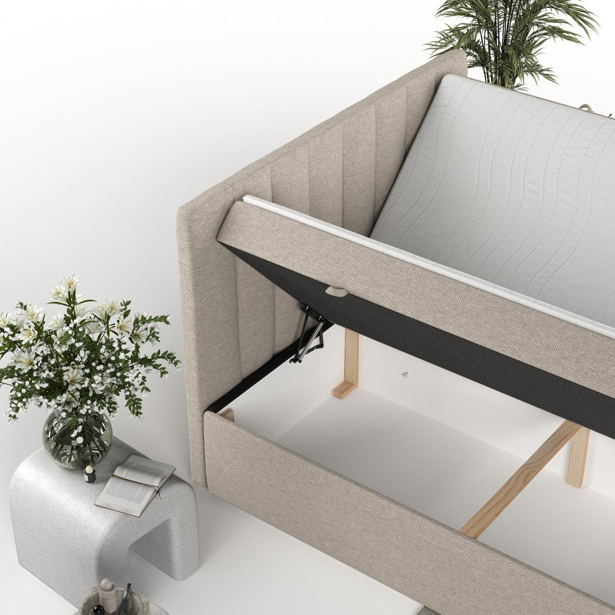 BOXBETT Amaro 140/200 cm Hellbeige im Megan Stoff - Sandfarben/Schwarz, Holz/Holzwerkstoff (140/200cm) - AltaBeds