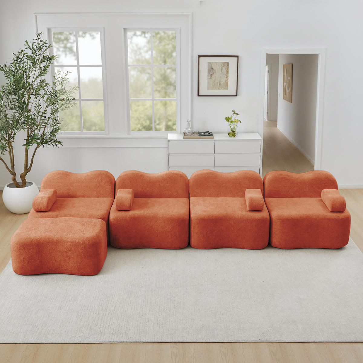 4-SITZER Sofa 384x167x70 cm aus Samtstoff rahmenlos modular mit Ottoman, orange - Orange, Textil (167/70/384cm)