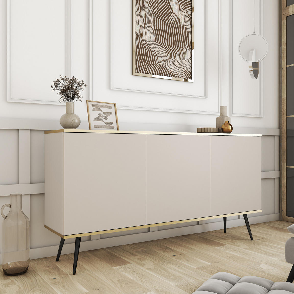 KOMMODE FORNO (Beige, Goldene Details, 3 Türen, schwarze Metallfüße) - Beige/Schwarz, Holz/Holzwerkstoff (160/85/39cm) - Ravio