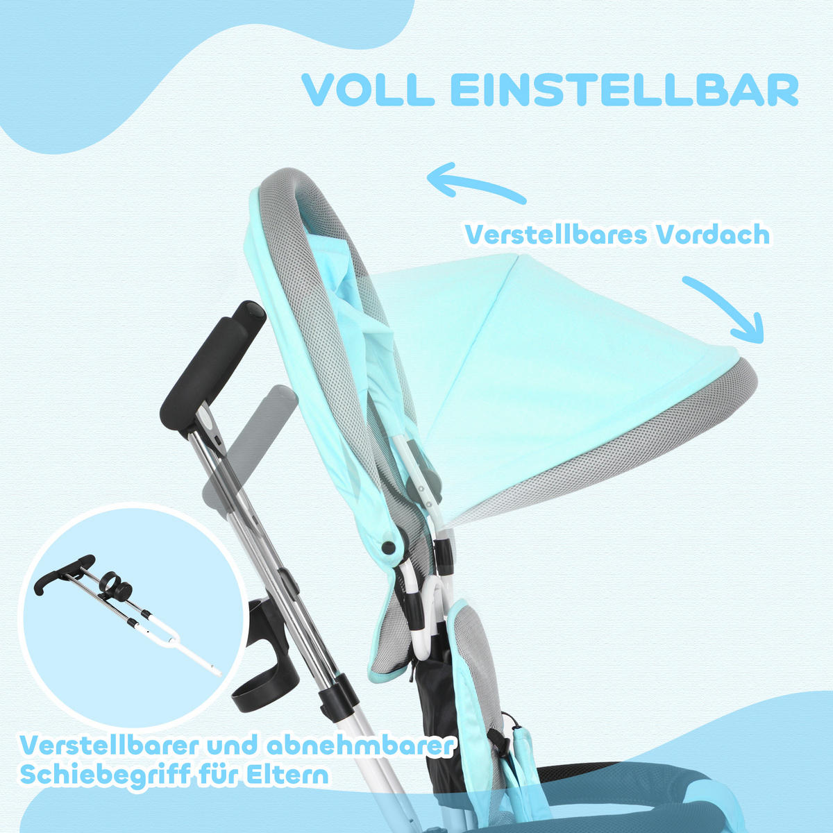 6-IN-1 Dreirad mit Schubstange, Kinderdreirad mit abnehmbarem Sonnendach Grün - Grün, Metall (95/50/106cm) - HOMCOM