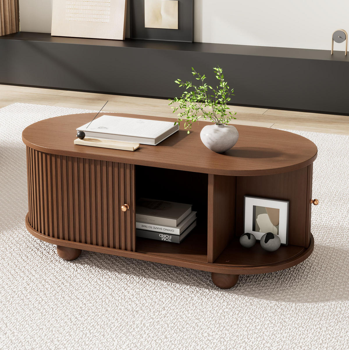 COUCHTISCH 100/50/40 cm in Walnuss mit Stauraum und Schiebetüren - Walnussfarben, Holzwerkstoff (100/50/40cm) - Flora Grace