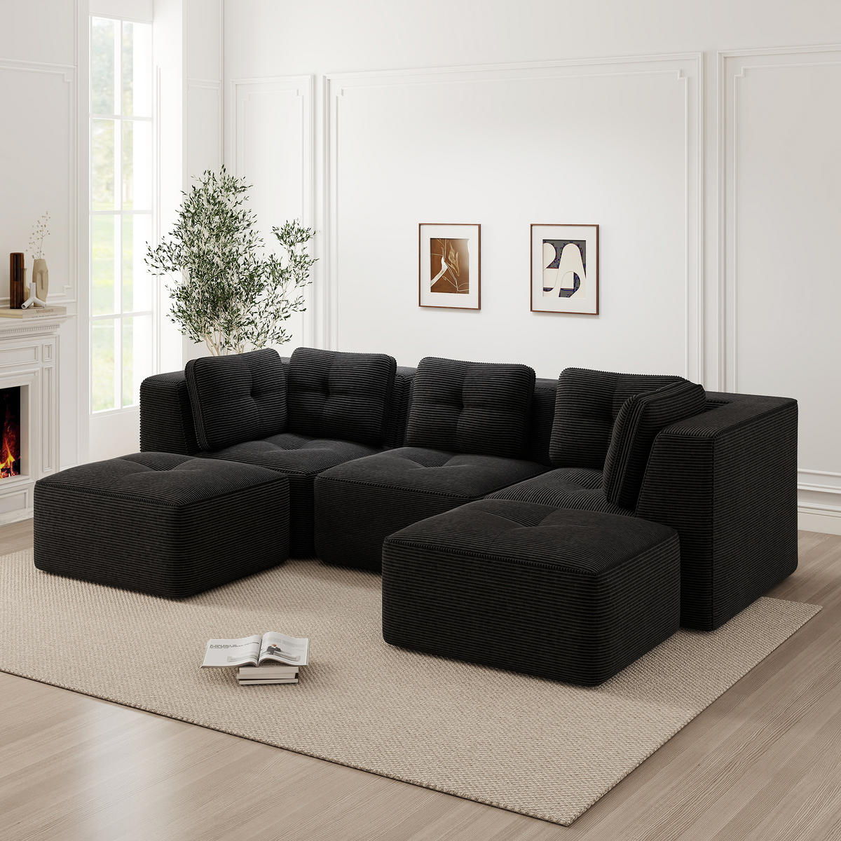 3-SITZER Sofa 297x177x69 cm aus Cordstoff rahmenlos modular mit 2 Ottomans, schwarz - Schwarz, Textil (177/69/297cm)