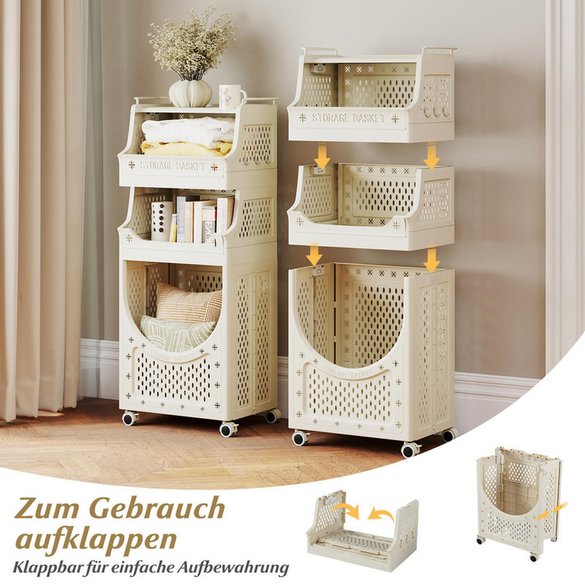 WÄSCHEKORBWAGEN Faltbarer beige - Beige, Kunststoff (40/100/30cm) - COSTWAY