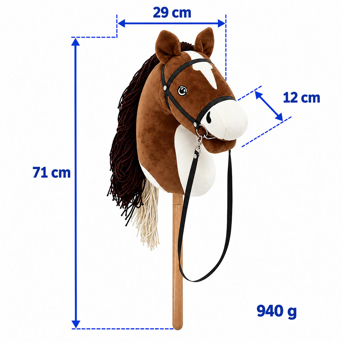 KONÍK Tmavě hnědý na tyči plyšový 71 cm - tmavě hnědá, dřevo/textil (12/71/29cm) - Relaxdays