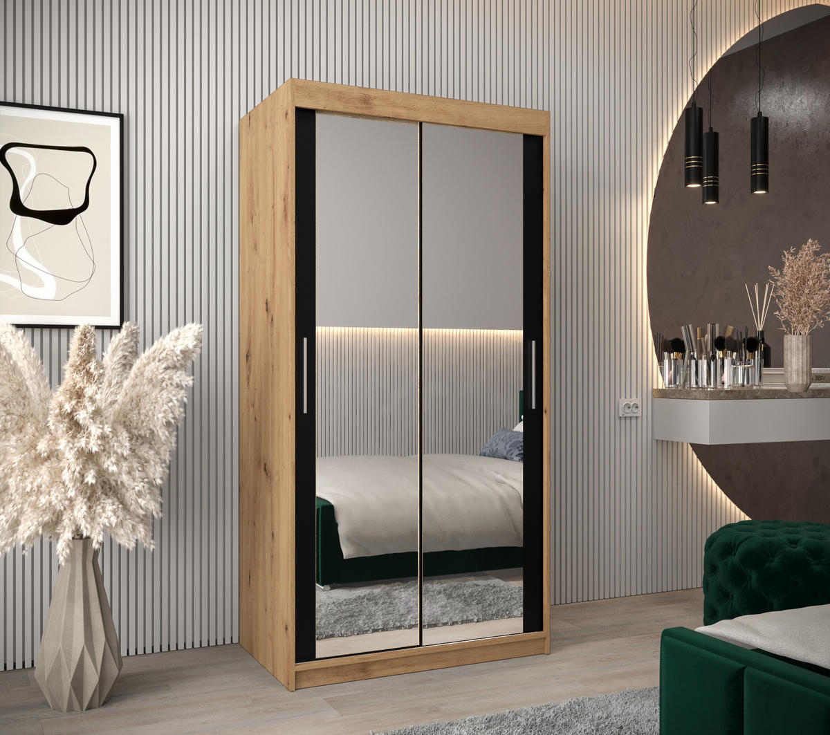 SCHWEBETÜRENSCHRANK 200/100/62 2-türig - Silberfarben/Schwarz, Holz/Kunststoff (100/200/62cm) - Abiks Möbel