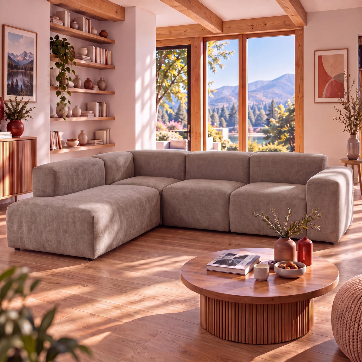 4-SITZER modulares Ecksofa HEAVEN SET 2 Links, Breite 300 cm Webstoff Braun - Schwarz/Braun, Holz/Kunststoff (300/245cm) - Muffo
