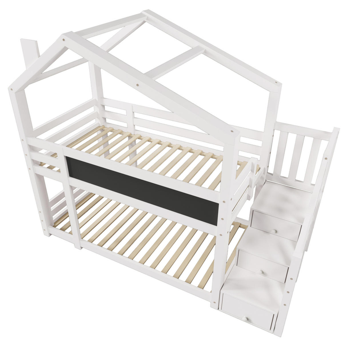 ETAGENBETT 90/200 cm mit Stauraumtreppe, Tafel und Rausfallschutz, Weiß - Weiß, Holzwerkstoff (90/90cm) - Redom