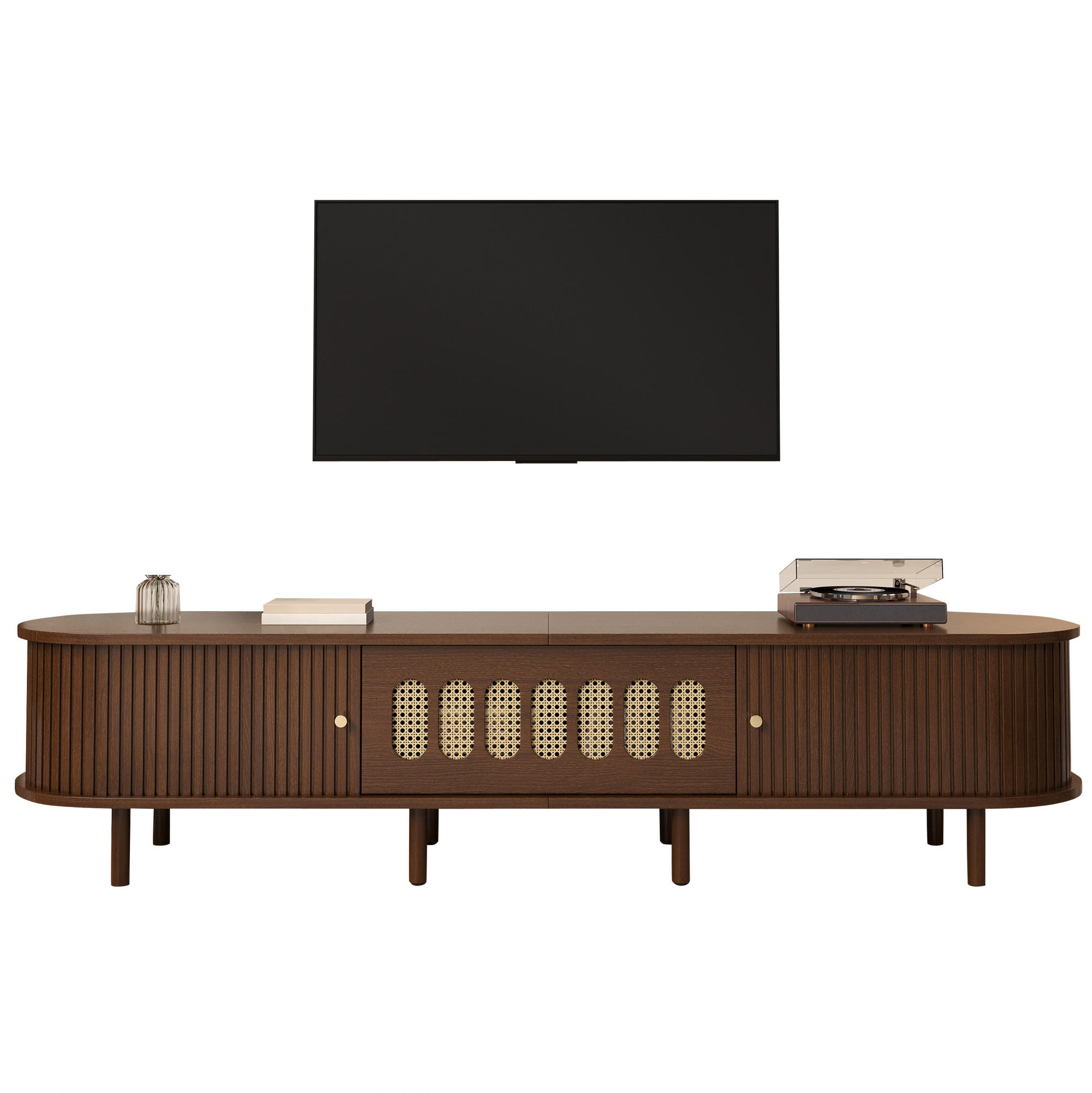 TV-LOWBOARD aus MDF 180x40x40 cm Walnussfarben mit Klapptür, 2 Rolltüren und 5 geschlossenen Fächern - Braun, Holzwerkstoff (180/40/40cm) - Modfu