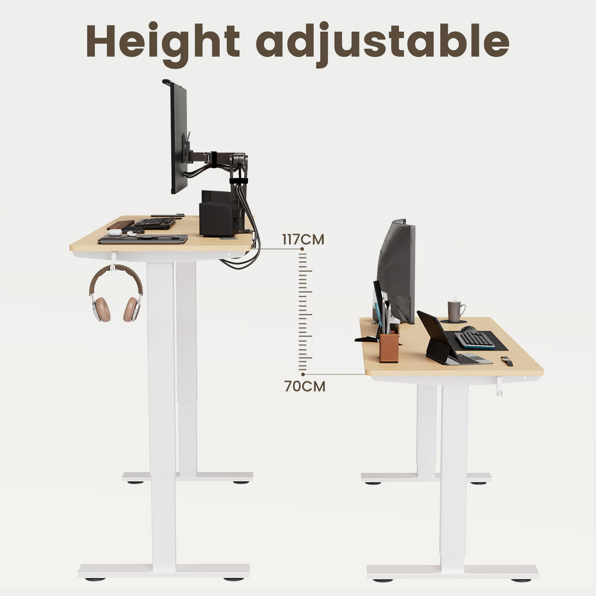 SCHREIBTISCH elektrisch höhenverstellbar 80 x 160 cm, mit Memory- und Kollisionsschutzfunktion - Naturfarben, Metall (160/80/117cm) - HOMAVO