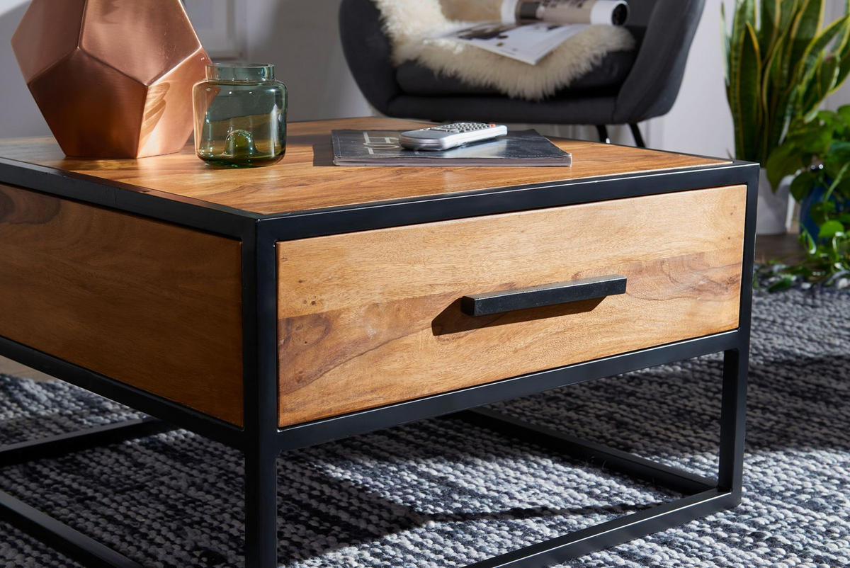 COUCHTISCH Industriestil, Metall und Holz, mit Schublade, 50 kg Tragkraft - Schwarz/Braun, Holz/Metall (65/65/38cm) - KADIMA DESIGN