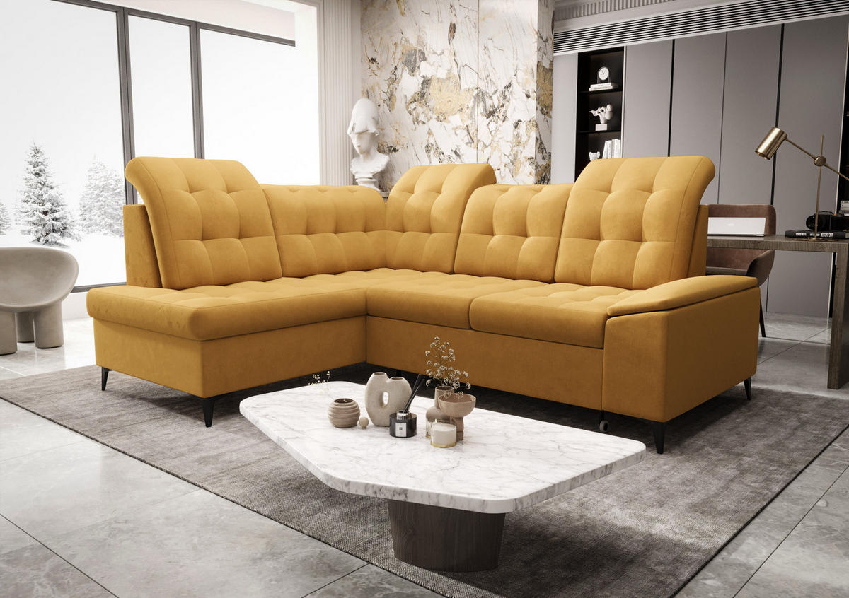 ECKSOFA KONGO RBN16, Eckcouch in L-Form mit Schlaffunktion, Farbe: Gelb, Velourstoff, Ottomane Links - Gelb, Textil (268/210cm) - O-Sofa