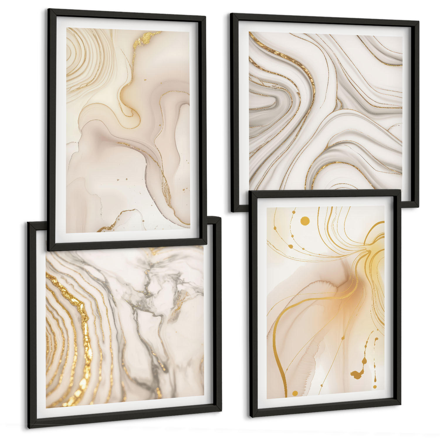 BILDER SET 4er Set - 50x50 cm & 40x60 cm Schwarzer Rahmen - Subtile abstrakte Muster - Schwarz, Kunststoff (50/50cm) - TULUP