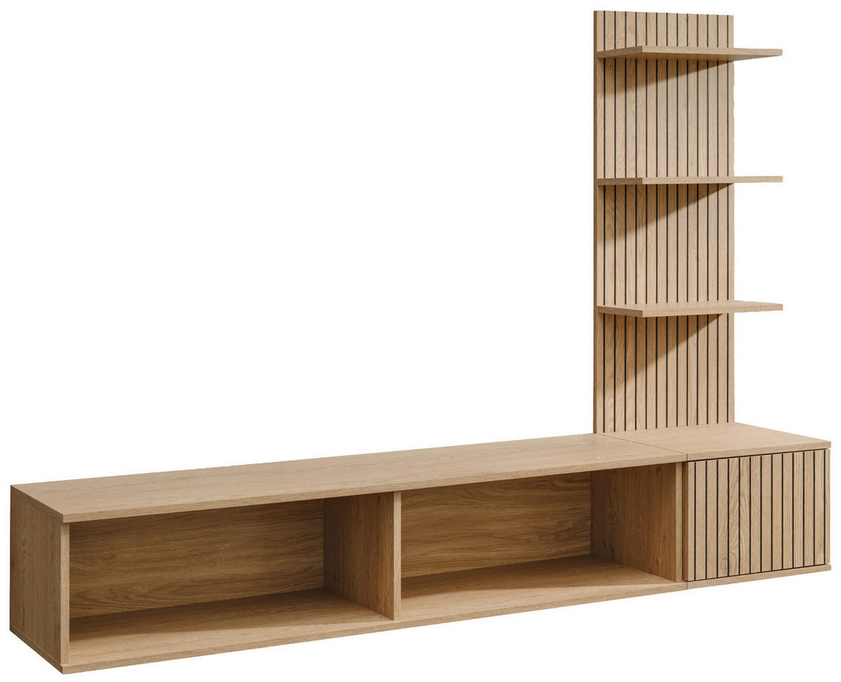 TV-LOWBOARD Cremona Eiche Leistenoptik 180 cm hängend, TV Unterschrank Set mit Paneel und Regal - Eichefarben, Holzwerkstoff (180/130/40cm) - Inn.Furn