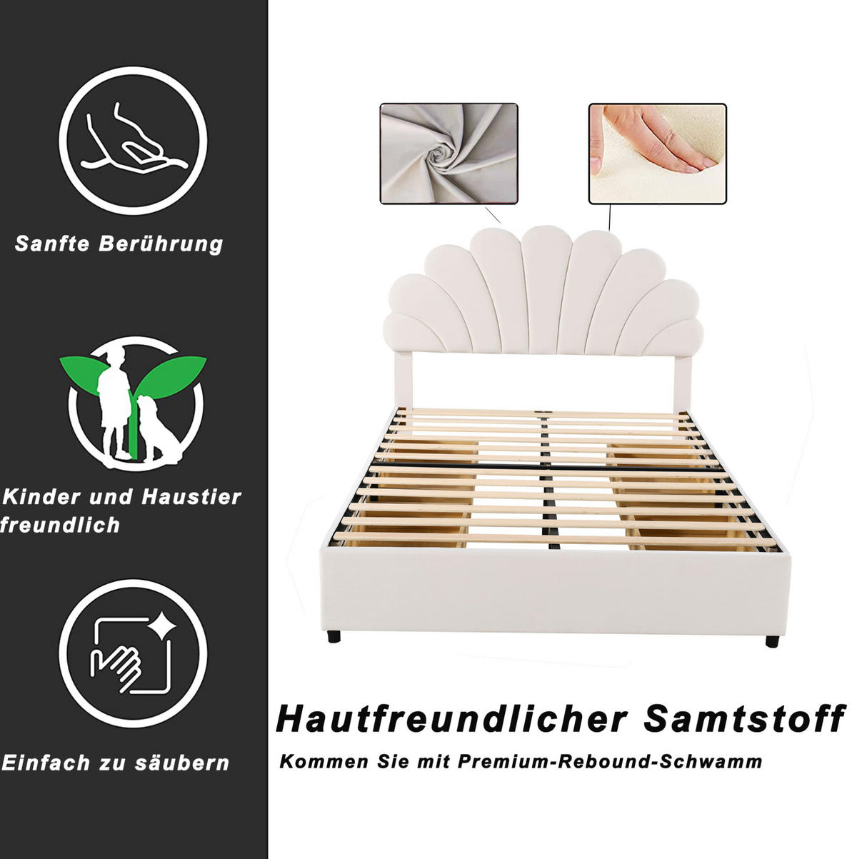 POLSTERBETT 140/200 cm aus Samt mit blütenförmigem Kopfteil und 4 Schubladen Beige - Beige, Textil (140/200cm) - Modenvie