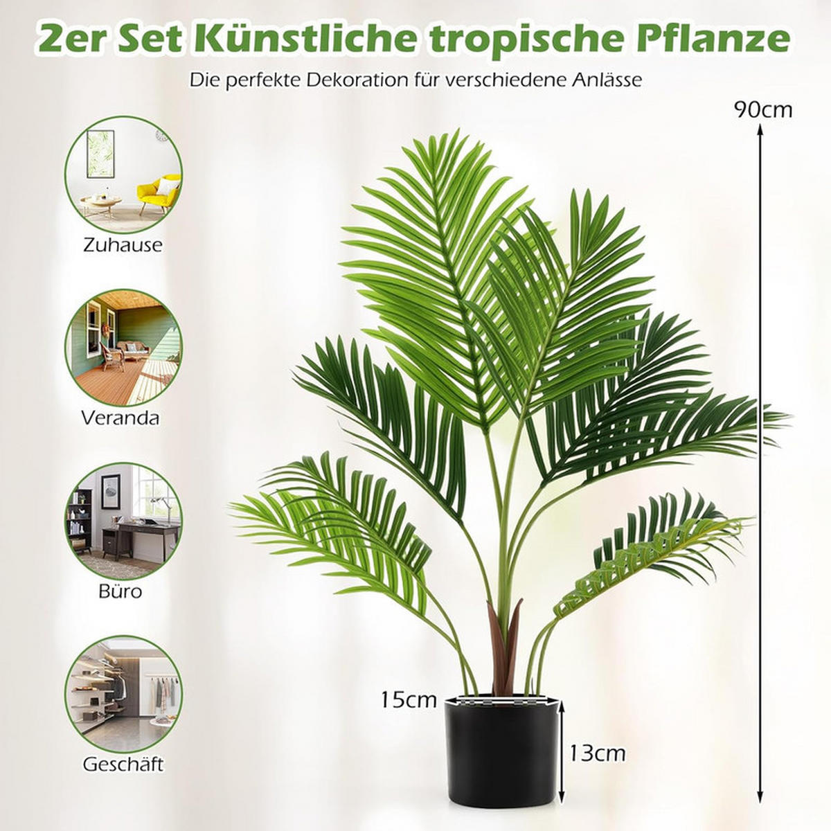 KÜNSTLICHE ARECA-PALME im Topf grün(2er-Set) - Grün, Kunststoff (90cm) - COSTWAY