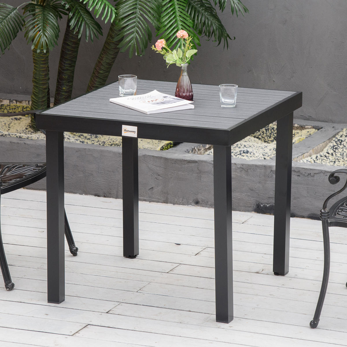 GARTENTISCH DE-07300 für 4 Personen, Holzoptik mit Aluminiumrahmen Schwarz - Schwarz, Kunststoff/Metall (78/78/74cm) - ComfortXL