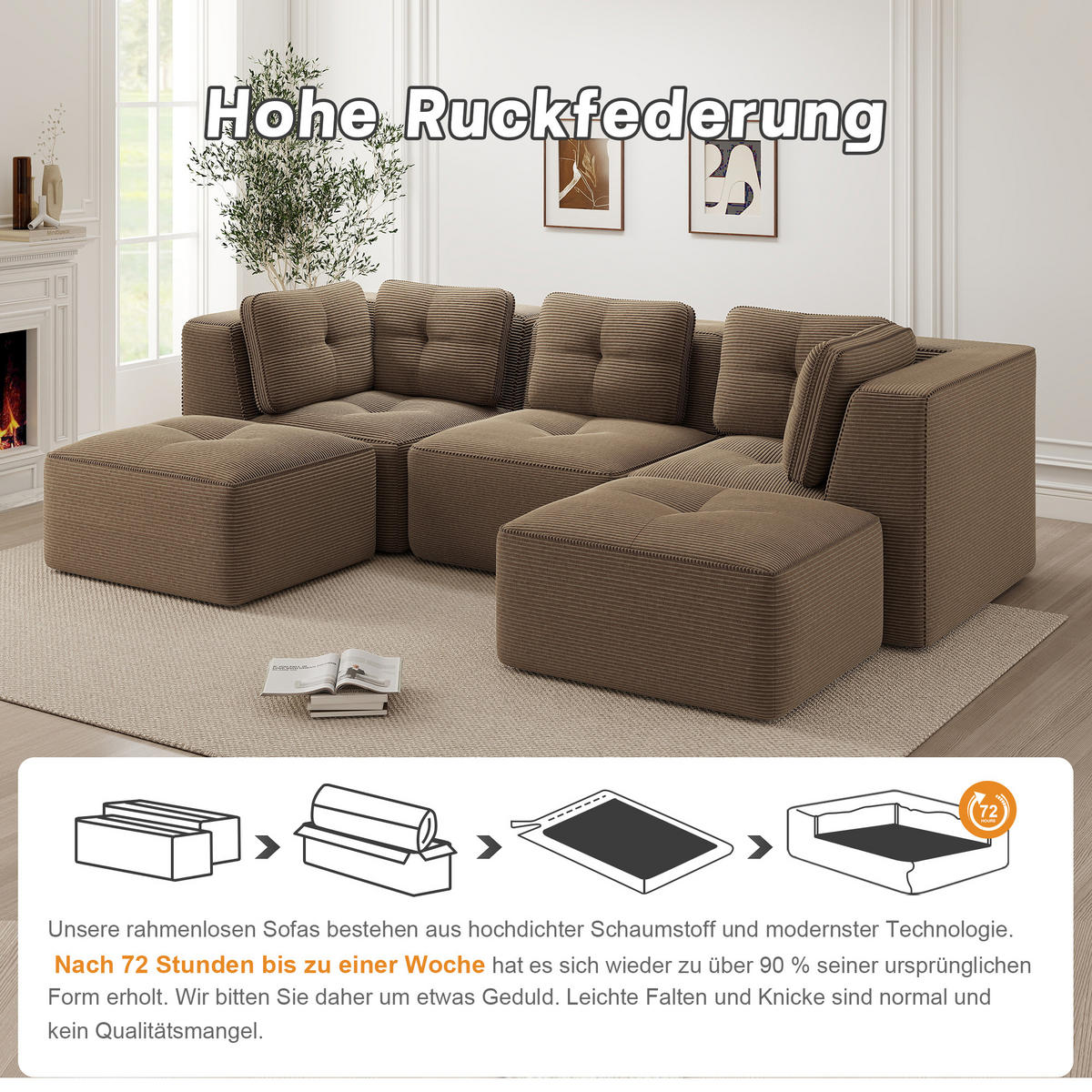 3-SITZER Sofa 297×177×69 cm Cordstoff rahmenlos modular mit 2 Ottomanes, braun - Braun, Textil (177/69/297cm)